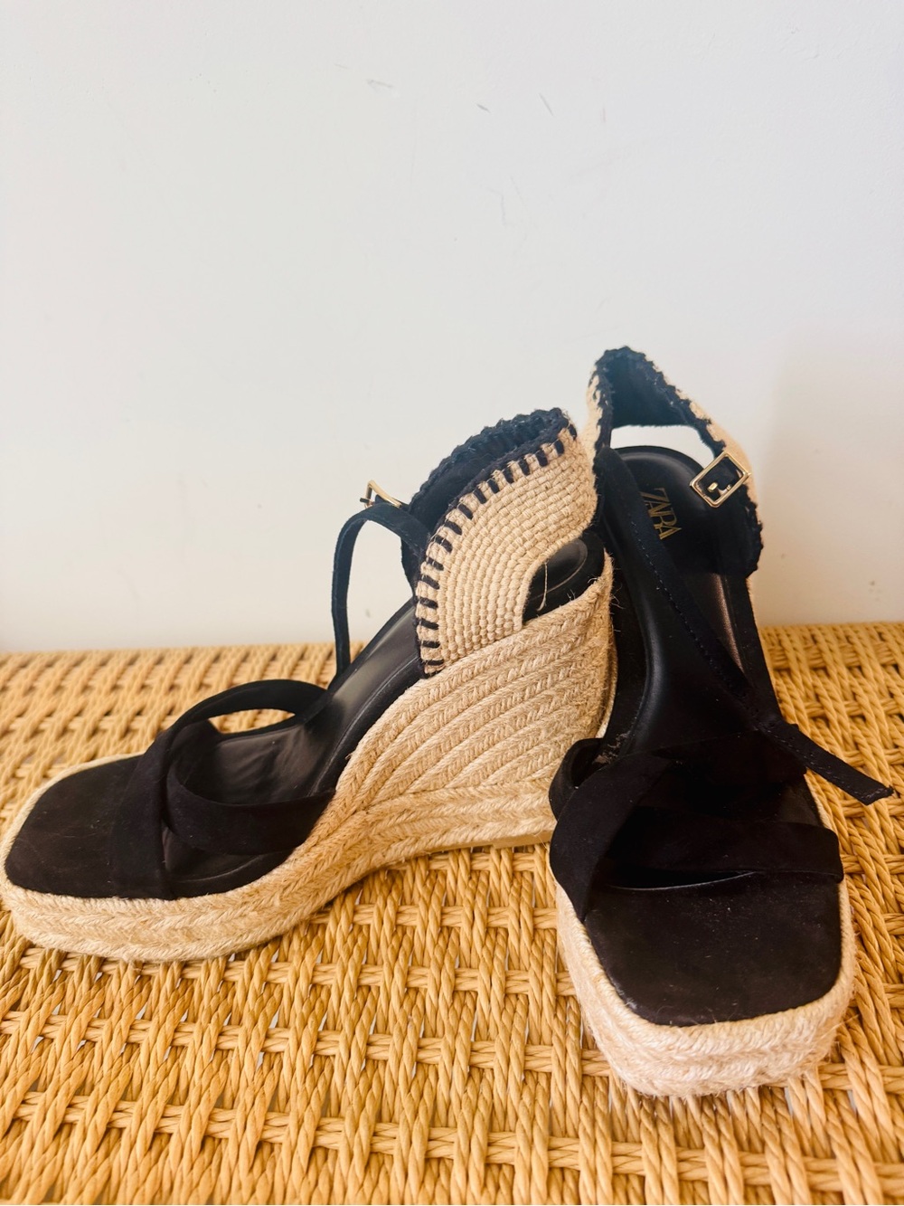 Zara Black and Natural Espadrille Wedge Sandals